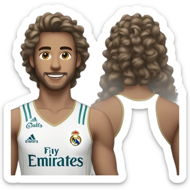 Fais un jeune homme au long cheveux boucle avec un emoji du maillot du real madrid sticker