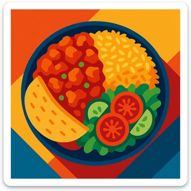 a colorful plate of ethnic food, vibrant and appetizing, modern illustration style sticker