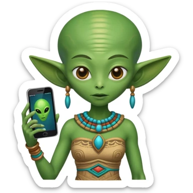 alien with mayan custome dress and smartphone sticker