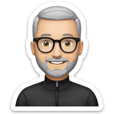 Man with light skin, buzz cut black hair, short peppered gray beard, large black-framed glasses, smiling face, black long sleeve athletic shirt with zippered high neck sticker