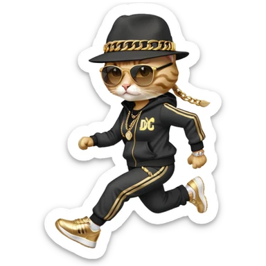 female cat running wearing Run DMC hip-hop outfit, tracksuit, fedora, Adidas shoes, dark sunglasses, lots of gold chains, bling accessories sticker
