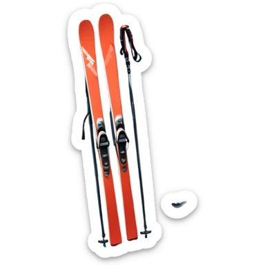 An icon featuring a pair of skis and ski poles in the foreground, set against a picturesque snow-covered slope. The background includes snowy peaks and evergreen trees, symbolizing the excitement and beauty of winter sports. Transparent background highlights the thrill of skiing and snowboarding. sticker