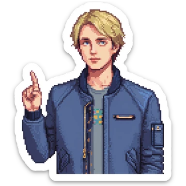Flat pixel art, confident male leader, Caucasian, short neat blonde hair, sharp eyes, indigo jacket, one arm raised gicing direction, waist-up, front-facing sticker