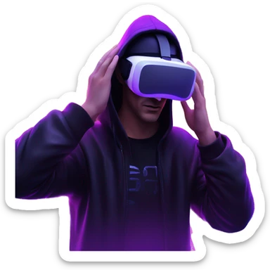Russian man wearing a black hoodie with "OMG" letters on it and VR headset in a cyberpunk VR environment with violet neon lighting. sticker
