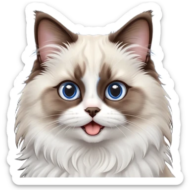 cinematic-adorable-big-eyed-fluffy-dark brown and white ragdoll-cat-portrait-emoji,-head-tilted-playfully-with-a-cute,-yawn,-soft-brown-and white-colored-fur-with-darker-points-on-the-ears,-simplified-yet-irresistibly-cute-features, sparkling blue eyes sticker