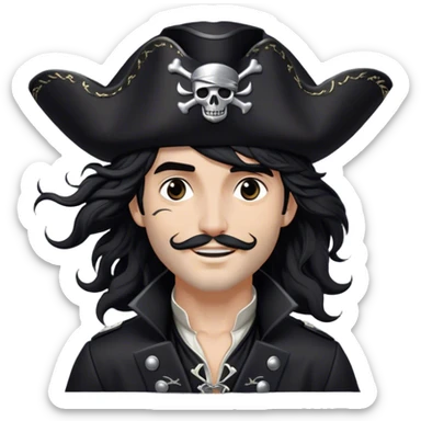 A charismatic pirate with wavy black hair tousled by the breeze. His silver-embroidered tricorn hat casts a shadow. Dark eyes glint with mischief as he looks to the side, a knowing smile on his lips. His black coat, adorned with silver buttons, shifts with the wind sticker