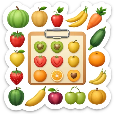 Emoji of checklist with healthy food icons, nutrition planning, flat minimal emoji, pastel colors sticker