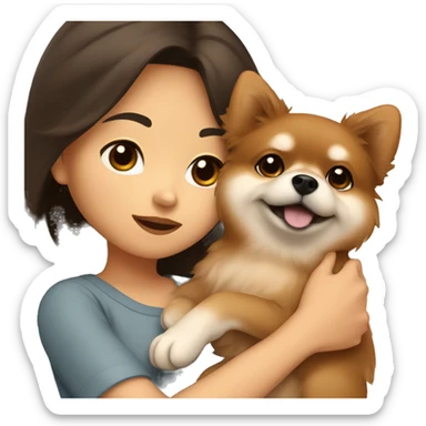 brunette asian girl cuddling brown pomeranian puppy sticker