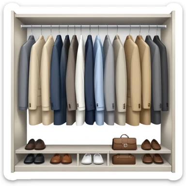 Minimalist wardrobe closet slightly open showing neatly hung professional jackets and shirts inside, organized sticker