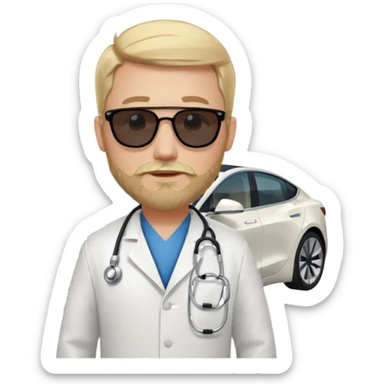White tesla model 3 and one cool physician with blond hair, beard, stetoscope and dark sunglasses next to it sticker
