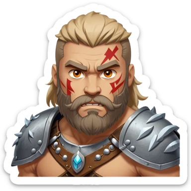 Clash of Clans aesthetic: Cinematic Rugged Barbarian Portrait Emoji, Intense and formidable with a heavily muscled physique, a rugged beard, piercing eyes and battle-worn armor adorned with tribal markings, his complexion a light tan that speaks of hard-fought battles, Simplified yet powerfully detailed features, highly detailed, glowing with a deep, primal energy, high shine, gritty and uncompromising, stylized with an air of raw, untamed power, focused and determined, soft glowing outline, capturing the essence of a barbarian warrior carved by countless battles and poised to lead his clan into epic conflict! sticker