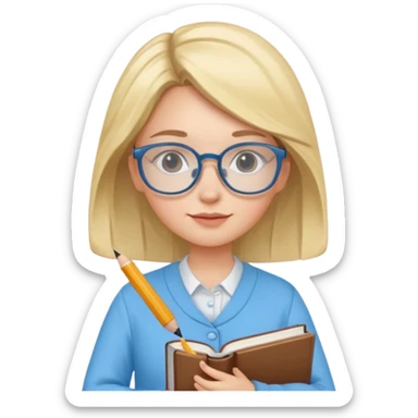 cute girl, glass, smart, Sky-blue colored clothing,
holding a book in one arm and a pen in the other hand.Holding a pen in the right hand as if teaching.Wearing glasses, with a smart and bright-looking face. sticker