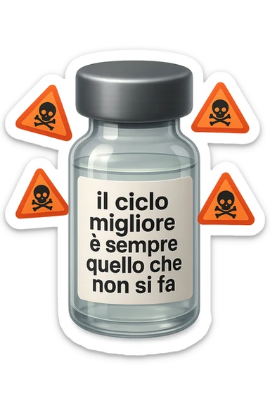 SU QUESTO STILE FAI UN EMOJI STILE IPHONE 3D DI UNa boccetta di fiala medica attorno alla quale fluttuano segnali di pericolo, sull'etichetta della boccetta c'è scritto "il ciclo migliore è sempre quello che non si fa", FALLO MOLTO REALISTICO IN 3D sticker