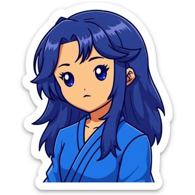 head portrait of anime girl with long dark blue hair, blue rose in hair, intense glaring blue eyes, dramatic JoJo's Bizarre Adventure style expression, sharp angular features, extreme close-up, dynamic pose sticker