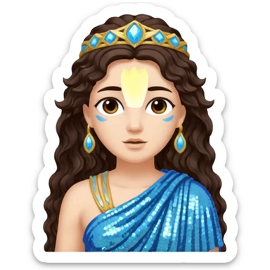 Minerva, Goddess of Wisdom from Roman Deities with long dark brown wavy hair, light blue sequin toga sticker
