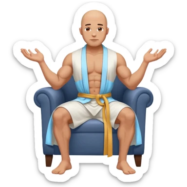 fullbody jacked bald guy, sleeveless and unbuttoned in full white robe sitting without chair and hands down sticker