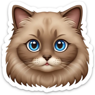 cinematic-adorable-fluffy-brown-ragdoll-cat-portrait-emoji,-head-tilted-cutely-with-big,-sparkling-blue-eyes,-soft-brown-seal-colored-fur-with-darker-points-on-the-ears,-face,-and-paws,-simplified-yet-irresistibly-adorable-features, sticker
