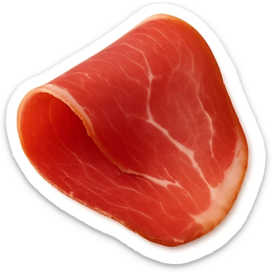 Show only one thin, delicately folded slice of dry-cured ham (jambon cru) with deep pink to reddish hue and visible streaks of white fat. Texture should be silky, slightly translucent, and marbled, with a natural fold or curl. Fat should look creamy and well integrated. Clean 3D, soft lighting, transparent background, emoji scale. sticker