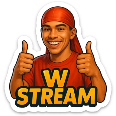 Make him Smiling With 2 thumbs up
Change His durag To Red
Add the words W Stream sticker