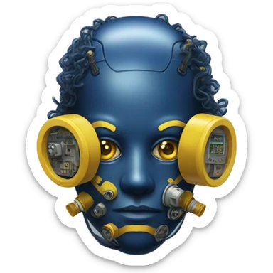 Dark Blue curly hair cyborg head with yellow respirator mask and circuitry sticker