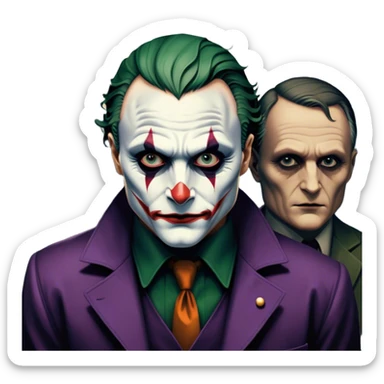 Icon for Thriller Movies: A dramatic close-up collage with iconic characters like Joker and Hannibal Lecter. Set against a dark, moody cityscape with shadows and ominous lighting. A suspenseful atmosphere with eerie tones. Transparent background. sticker