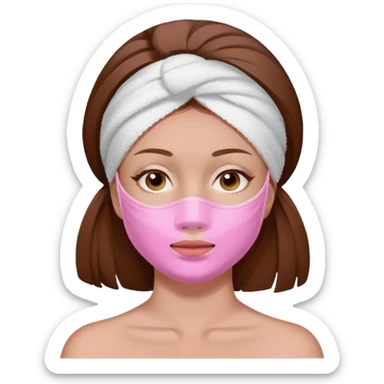 A woman with brown hair, a white towel wrapped around her head. Her face is covered with a pink skincare mask applied to the T-zone and cheeks sticker