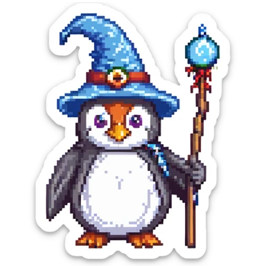 penguin wizard, fantasy, magical, staff, hat sticker