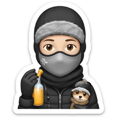 Junge mit Sturmhaube braune augen auf der rechten seite kleinen nasenpircing (glitzerstein) in der Rechten hand eine Jacky flasche und einer winterjacke mit fell an der mütze sticker