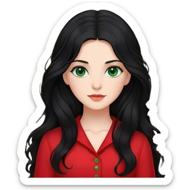 Dark green eyed women with long black wavy hair red flower background red clothing sticker
