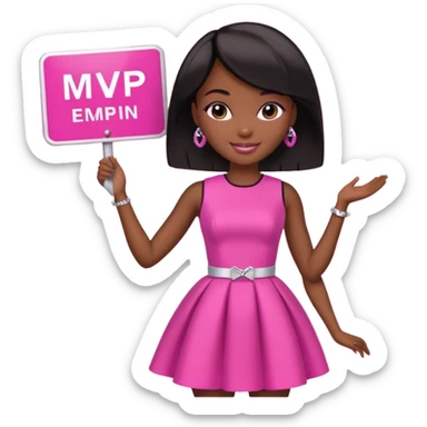 Black barbie, short  black bob  hair, pink dress with a sign that says mvp sticker