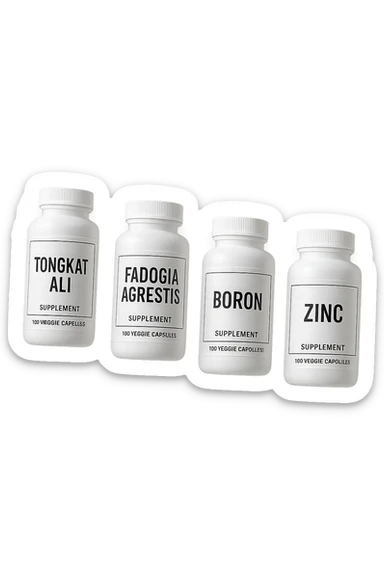 4 boccette di integratore: Tongkat Ali, Fadogia Agrestis, Boron e Zinco fluttuano in aria verticalmente sticker