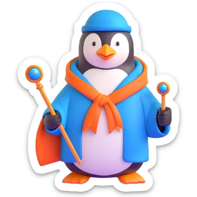penguin wizard with blue robe and magic staff sticker