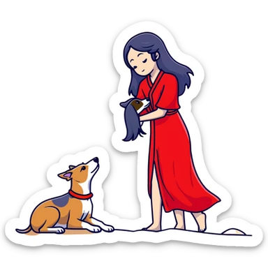 A beautiful 25-year-old Japanese woman with long flowing black hair wearing a stylish red beach dress, gently petting a PURE SOLID DARK GREY whippet with a bright RED COLLAR on a beach at night under a starry sky. The whippet MUST be 100% SOLID DARK GREY with ABSOLUTELY NO WHITE MARKINGS ANYWHERE - specifically NO WHITE on face, NO WHITE on chest, NO WHITE on paws - ENTIRELY ONE CONSISTENT SOLID DARK GREY COLOR throughout. Deep blue night sky filled with bright stars, moonlight reflecting on the ocean, sandy beach in the foreground. sticker