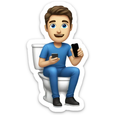 Brunette man with blue eyes sitting on the toilet holding a phone sticker