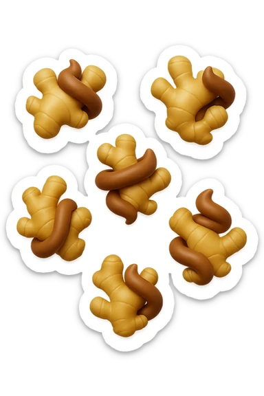 emoji stile iphone 3d di 6 piccoli pezzi di zenzero che fluttuano in aria con pezzi di colon arrotolati intorno, iperrealistico 4k sticker
