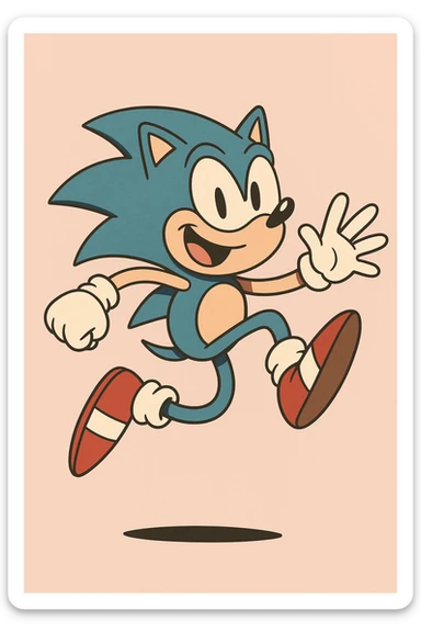 Sonic the Hedgehog, jumping, blue spikes, red shoes, playful, vibrant colors sticker