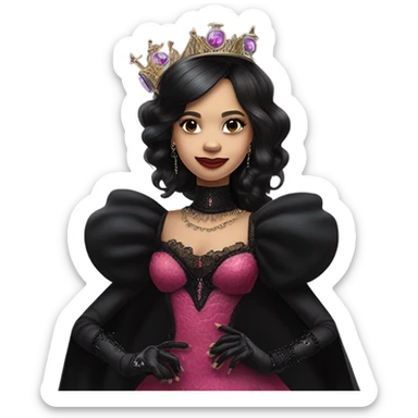  longstanding flirty Lavish black evening gown with see-through gloves, Jenna Ortega as Addams woman prom queen wearing a steampunk mini tiara, very large blood  pink evil-looking horned old dragon purse sticker
