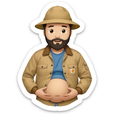 Bearded man rubbing pregnant belly poking out of shirt wearing a tan canvas carhartt jacket with a stereotypical large chinese hat on and buck teeth sticker