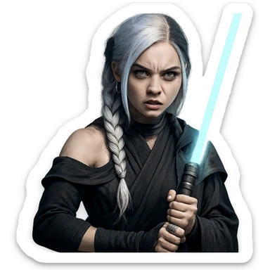  a closeup portrait of young woman with gold yellow eyes, white hair, long braid, black off-shoulder top, punk gothic style, futuristic cyberwave cyberpunk,  jedi attire and posture robes of a padawan, foreweilding a bright blue-green lightsaber, angry fierce face expression, power stance, 30-90 sticker