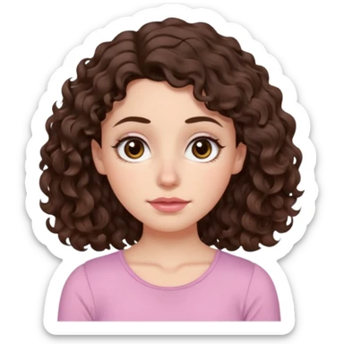 Aesthetic white girl with really long wavy/curly hair color dark brown, hair most be in front of the shoulders (hair in front of the shoulders). Big almond shape tired eyes color brown with dark circles, wide nose, natural lips, sweet expression. Dressed with a cute tight top color light pink. sticker