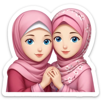 Two friendly sister Turkish girls beautiful finish Konya blue eyes with cherry blossom hijab and heart dress and hugs  sticker