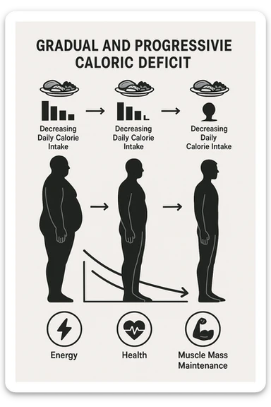 una sequenza di tre sagome umane affiancate, ognuna rappresenta una fase diversa di perdita di peso graduale. Sopra ogni figura, un piatto mostra porzioni di cibo bilanciate ma leggermente ridotte. Frecce e grafici illustrano una diminuzione lenta e costante dell’apporto calorico giornaliero, con icone che rappresentano energia, salute e mantenimento della massa muscolare. Sfondo pulito e moderno, con etichette chiare che spiegano “deficit calorico graduale e progressivo” sticker