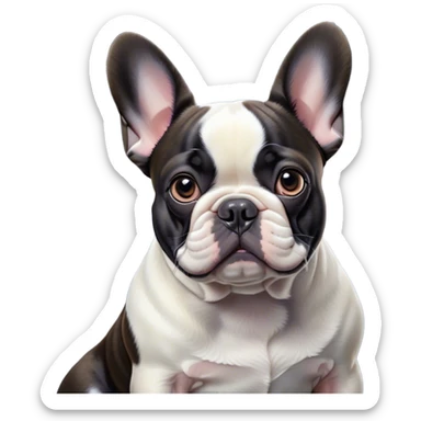 Cinematic Noble Pied French Bulldog Portrait Emoji, Radiating regal yet playful charm, with a distinctive pied fur of contrasting hues and a sculpted, expressive face featuring gentle, wise eyes and a confident stance, simplified yet artistically detailed, glowing with a soft, sophisticated radiance, high shine, exuding intelligent nobility and refined flair, soft glowing outline, capturing the essence of a noble Pied French Bulldog that embodies both strength and grace! sticker