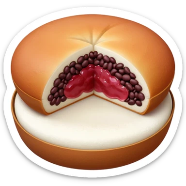 A soft round mochi cut in half, showing the filling inside (red bean paste or pink/white filling), outer layer is white and slightly stretchy-looking, smooth and pillowy texture, simple flat design style, centered on transparent background.
 sticker