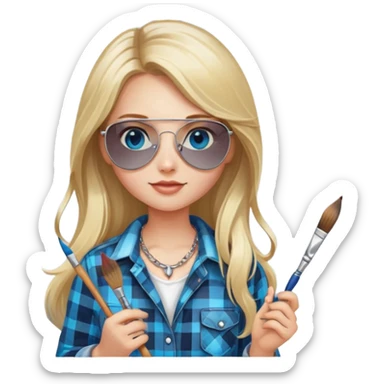girl with long blond hair, wearing plaid shirt with blue eyes and aviator sunglasses wearing a ring on her silver necklace, holding a wide paintbrush sticker