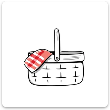 A picnic basket with handle and lid, possibly with some items peeking out, in pastel colors (dd9fb0, ffc6d3, a3bfc9, c4bee2, f1b091), hand-drawn doodle style sticker