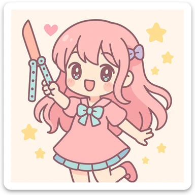 stylized anime girl with a balisong, flowing hair, lively pose, bright color palette, whimsical background, cute accessories sticker