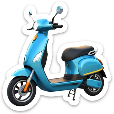An icon featuring a sleek electric scooter parked on a scenic path. The background showcases a vibrant city park with green trees, flowers, and a clear blue sky. The sun sets in the distance, casting a warm golden glow on the landscape. Transparent background sticker