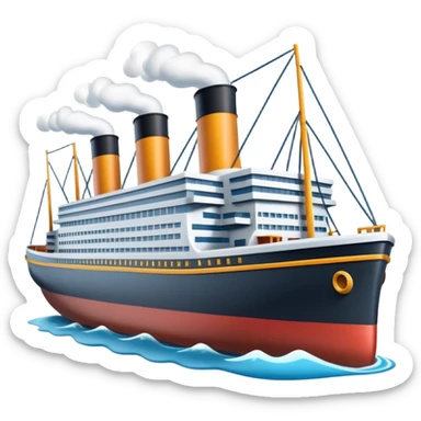 A miniature 3D Titanic ship emoji in Apple style, small and compact with smooth glossy surface, bright clean colors, simplified but recognizable details like smokestacks and windows, no facial features, floating on calm ocean, soft shadows, high-quality render, isolated on white background.



 sticker
