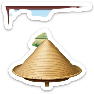 Cinematic Realistic image of an iconic conical hat (Nón Lá), rendered with detailed textures and subtle natural hues, set against a serene rural Vietnamese landscape with gentle, diffused lighting sticker